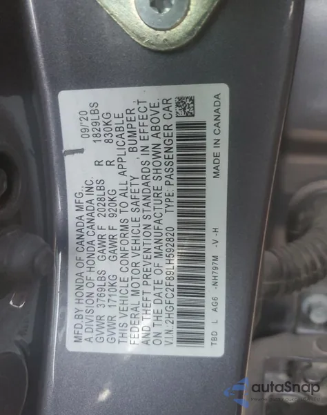 2020 Honda Civic Sport z USA, uszkodzony, nr VIN 2HGFC2F89LH592820